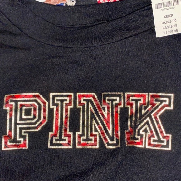 Victoria’s Secret Love Pink Gold foil Plaid Cropped Crew Neck tee T-Shirt Top xs - Picture 2 of 7